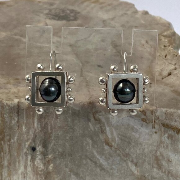 Sterling Silver 925 Modernist Style Square Freshwater Pearl Dangle Earrings - Picture 4 of 16